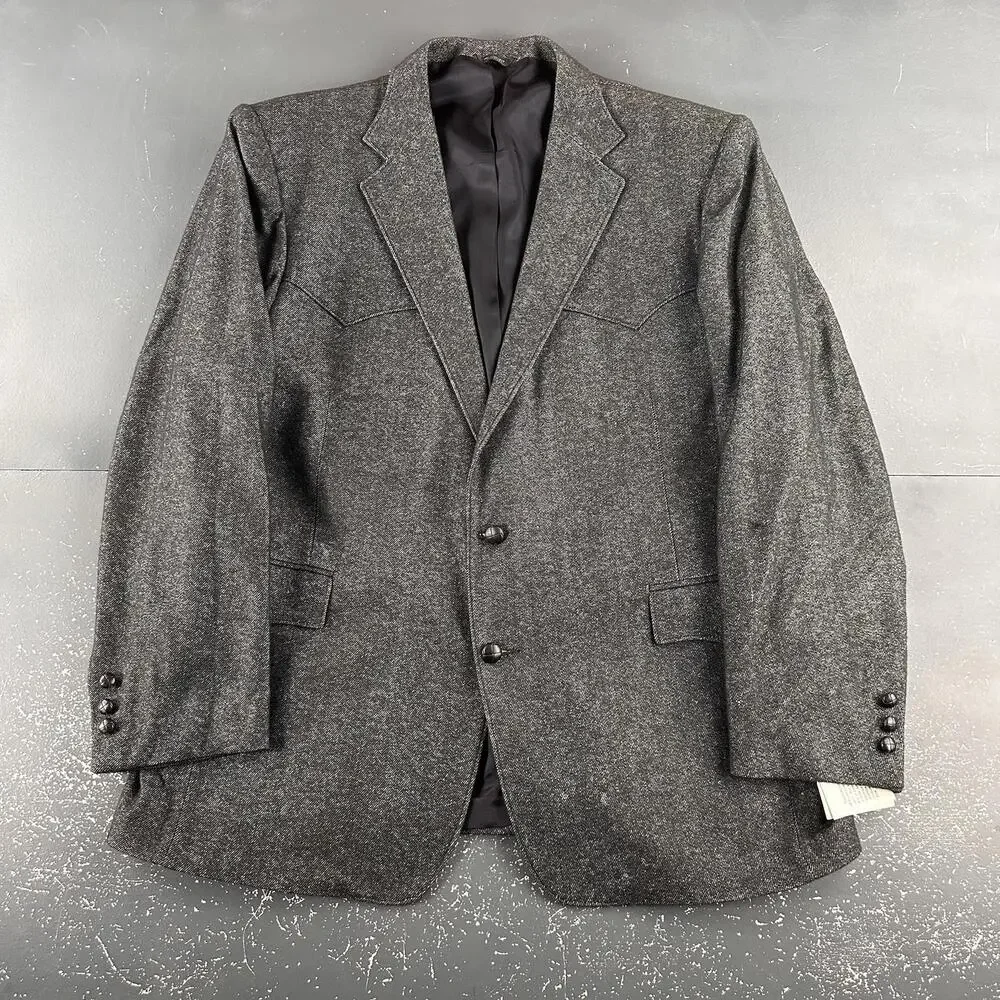 VTG Pagano West Western Blazer Mens 48L Black Wool Chambray Denim USA NWT - Picture 4 of 9